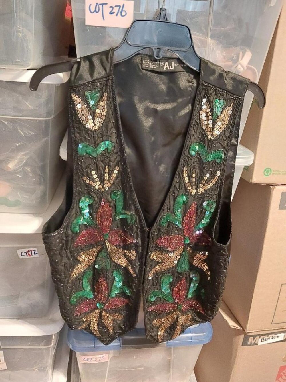 Vintage AJ Women Black V Vest Colorful Floral Bead & Sequin Embellishments SzM